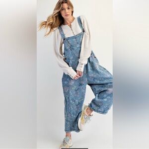 NEW - Easel Floral Blue Denim Overalls